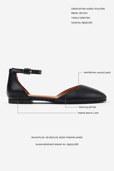 NİŞANTAŞI SHOES Fulton Black Genuine Leather Ankle Strap Flat Sole Women's Ballerinas