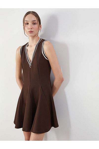 LC Waikiki Lcw Vision Brown V-Neck Pleated Mini Dress