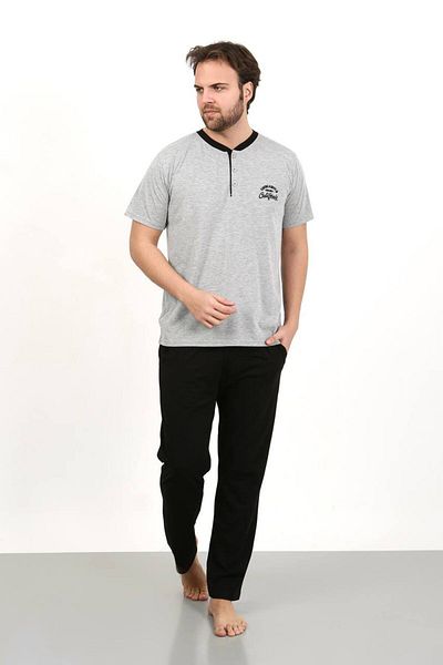 shopshop Ανδρικό γκρι 100% βαμβακερό σετ καλοκαιρινές πιτζάμες με κέντημα με 3 κουμπιά
