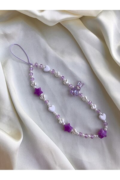 PEONY peonyofficiall Mor Tavşan Figürlü Ve Kristal Telefon Charmı Telefon Ipi