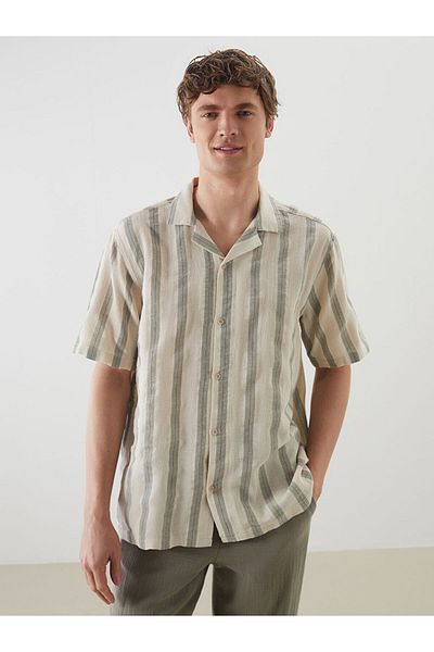 LC Waikiki Beige Regular Fit Short Sleeve Striped Men's Textured Shirt