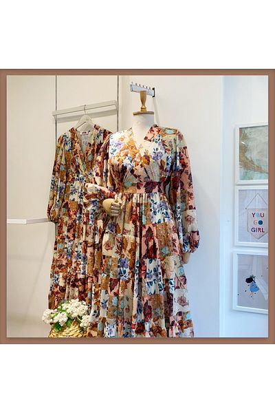 Faya Boutique Καφέ Συνονθύλευμα Μπουκέτο Λινό Φόρεμα