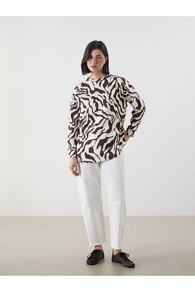 LC Waikiki Lcw Modest Brown Patterned Oversize Women's Sweatshirt Tunic