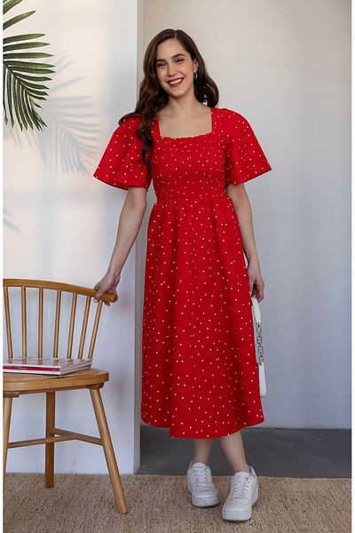 Afiş Butik Red Polka Dot Gimped Back Tie Midi Dress