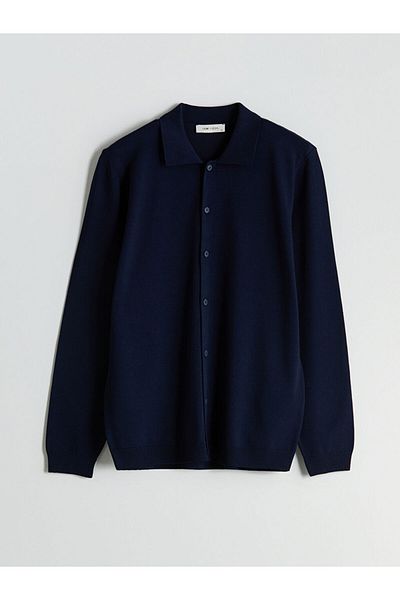 LC Waikiki Lcw Vision Navy Blue Standard Fit Jacket Lapel Men's Knitwear Cardigan