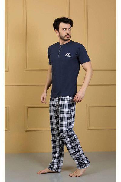 shopshop Мъжки летен пижамен комплект с бродерия и 3 копчета, тъмносин, 100% памучен каре