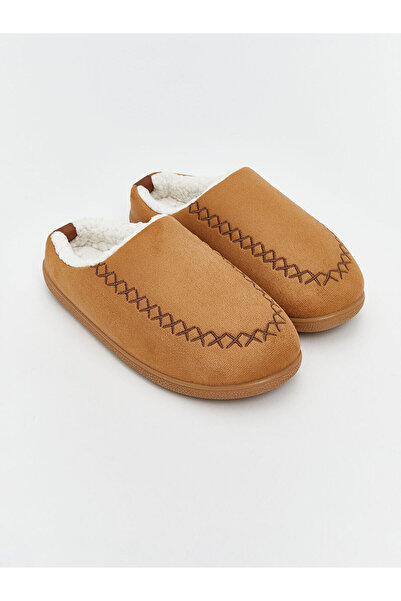 LC Waikiki Ανδρικές παντόφλες σπιτιού με λεπτομέρεια από καφέ γούνα