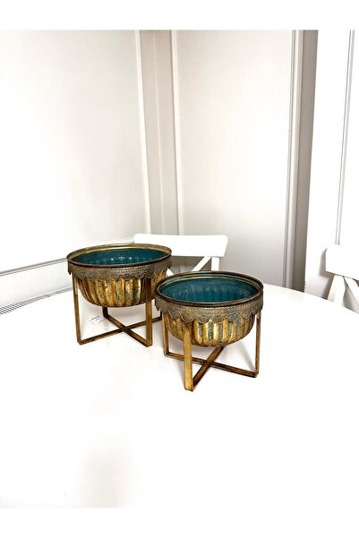 THE LİNSE Metal Dekoratif 2 li Saksı Masa ve Sehpa Üzeri Takım