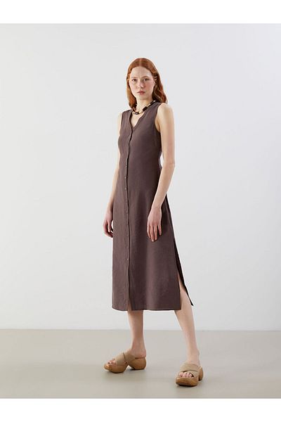 LC Waikiki LCW Vision Braunes Kleid aus Modal-Mischgewebe mit V-Ausschnitt