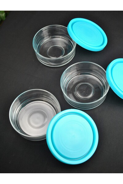 Qualitev 3-Piece Glass 12 cm Storage Container with Lid Breakfast Blue