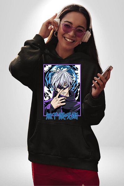Soufeel Satoru Gojo Jujutsu Kaisen Anime Women Men Printed Three Thread Black Hooded Hodie Sweatshirt