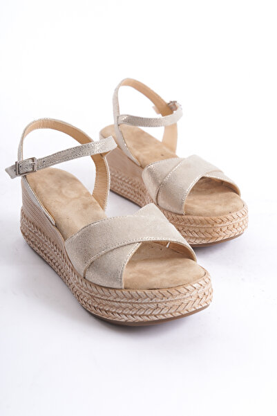 Elile Shoes Hakiki Deri Yumuşak Tabanlı Dolgu Topuk Sandalet