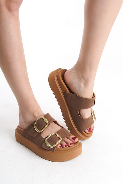 Pofi Shoes Buckle Detailed High Sole Daily Slippers