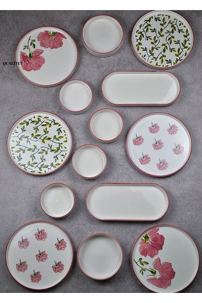 Qualitev 14 Piece 6-Person Handmade Breakfast Set Ceramic Presentation Set-Rose