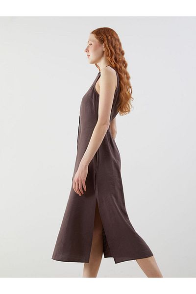LC Waikiki LCW Vision Braunes Kleid aus Modal-Mischgewebe mit V-Ausschnitt