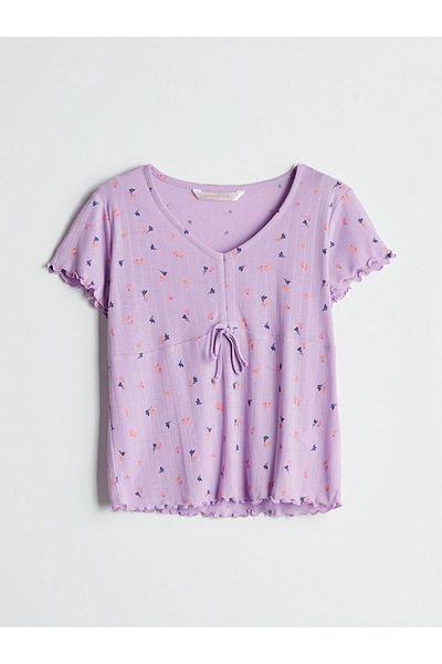 LC Waikiki LCW DREAM Set de pijamale pentru femei, cu decolteu în V, cu flori, cu pantaloni scurți