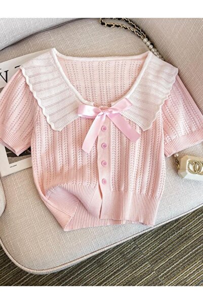 nathia outdoors Ροζ πλεκτό γυναικείο μπλουζάκι με πλεκτό γιακά μωρού, διάτρητ...