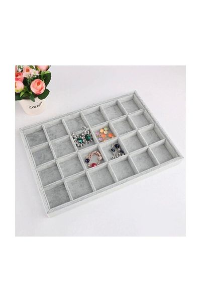 Aydın Decor Domestic Production Suede Fabric Gray Color 34 Cm / 24 Cm Compartmented Drawer Jewelry Stand