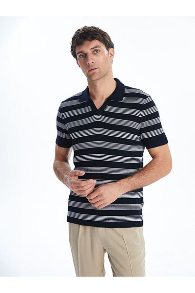 LC Waikiki Lcwaikiki Classic Navy Blue Polo Collar Striped Men's Knitwear Sweater
