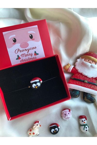 PEONY - peonyofficiall New Year Owl Santa Claus Hat Glass Murano Bracelet Black String Christmas Themed Christmas Bracelet