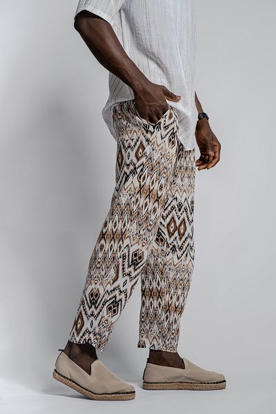 Morfine Men's Loose Waist Elastic Patterned Brown Baguette Trousers