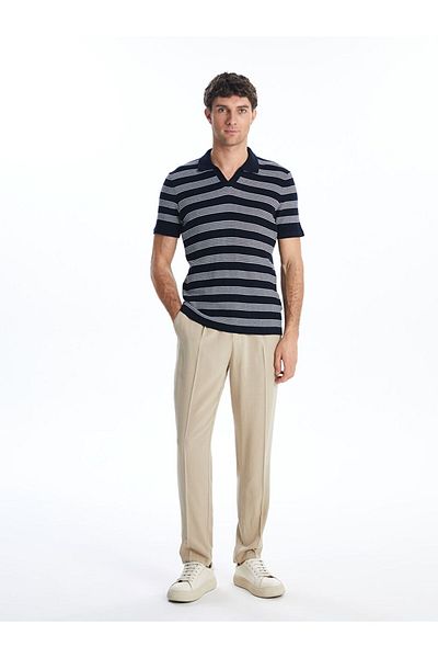 LC Waikiki Lcwaikiki Classic Navy Blue Polo Collar Striped Men's Knitwear Sweater