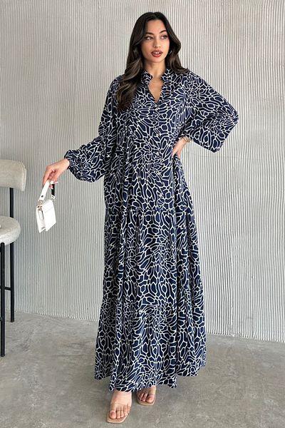 AYASOFYA OTANTIK Rochie lungă cu mâneci cu balon, albastru bleumarin, alb, cu nasturi