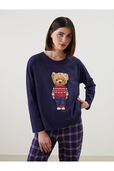 LC Waikiki Lcw Dream Navy Blue Crew Neck Teddy Printed Women's Pajama Top