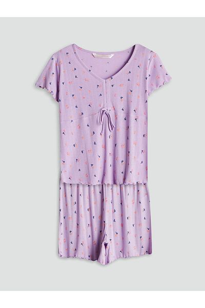 LC Waikiki LCW DREAM Set de pijamale pentru femei, cu decolteu în V, cu flori, cu pantaloni scurți