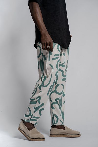 Morfine Men's Loose Waist Elastic Patterned White Baguette Trousers