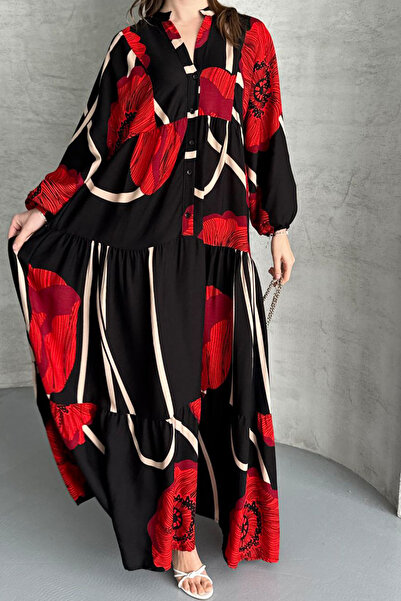 AYASOFYA OTANTIK Women's Black Red Buttoned Judge Collar Patterned Loose Balloon Sleeve Long Dress