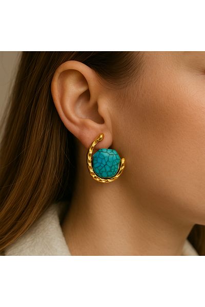Store Natural Turquoise Stone Gold Detailed Steel Earrings