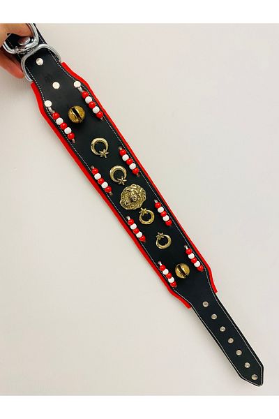 Sürmeli Tasma Kangal Dog Collar - Lion Head Beaded Genuine Leather with 2 Bells