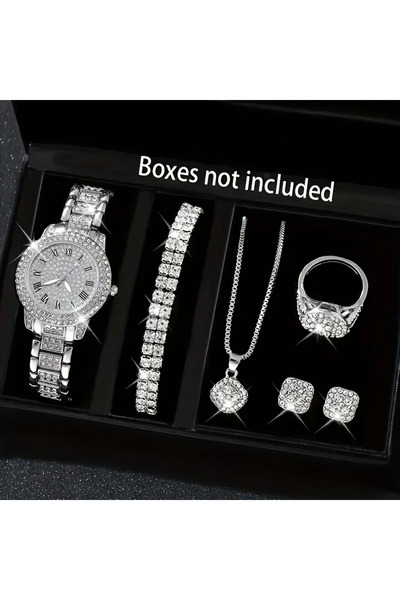 Monarque Gümüş Kaplama Zarif Kadın Kuvars Saati ve Takı Seti - Kolye, Küpe, B...