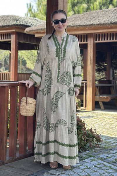 AYASOFYA OTANTIK Rochie lungă, largi, cu mâneci lungi, cu mâneci lungi, cu guler cu nasturi, bej, verde