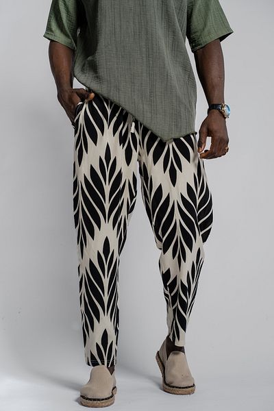 Morfine Men's Printed Wide Leg Elastic Ecru Baguette Trousers