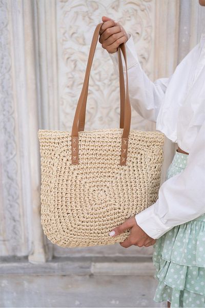 FASHION COCKTAIL Τσάντα από ψάθινη παραλία διακοπών με τσέπη με φερμουάρ και τετράγωνο πλέγμα