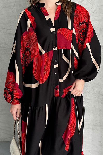 AYASOFYA OTANTIK Rochie lungă cu mânecă cu balon, neagră, roșie, cu guler de judecător, cu model