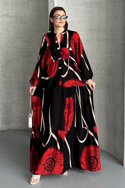 AYASOFYA OTANTIK Rochie lungă cu mânecă cu balon, neagră, roșie, cu guler de judecător, cu model