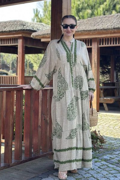AYASOFYA OTANTIK Rochie lungă, largi, cu mâneci lungi, cu mâneci lungi, cu guler cu nasturi, bej, verde