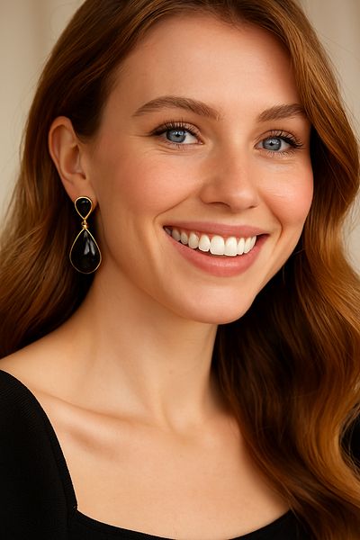 Store Black Stone Double Layer Steel Dangle Earrings