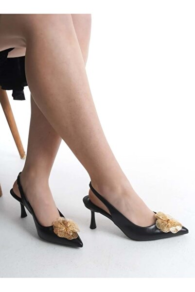 Kids Club Shoes Feles Sarı Gül Detaylı Arkası Açık Stiletto Kadın Topuklu Aya...