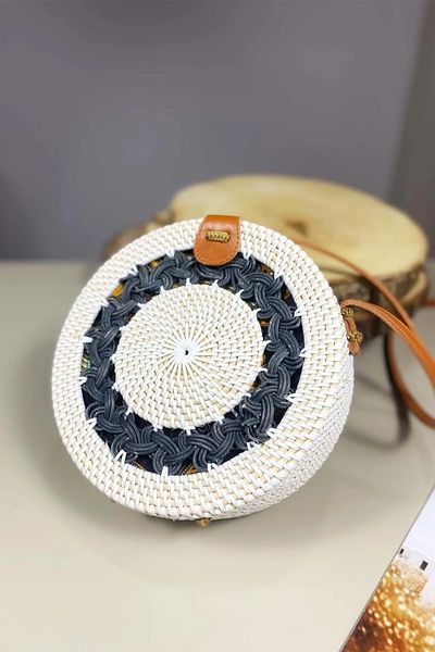 BUTİK1AVM Geantă de damă rotundă din ratan cu model de paie