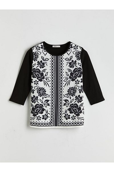 LC Waikiki Lcw Grace Black Crew Neck Print Women's Blouse