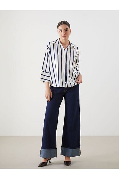 LC Waikiki Lcwaikiki Classic Indigo Striped Oversize Women's Shirt