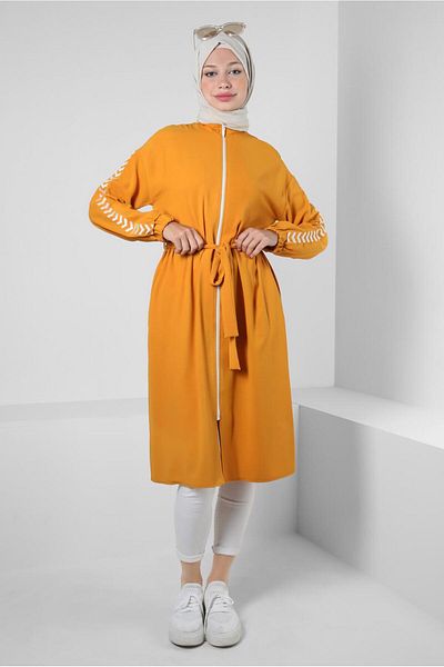 Alvina Patterned Sleeve - Zippered and Belted Tunic 43795