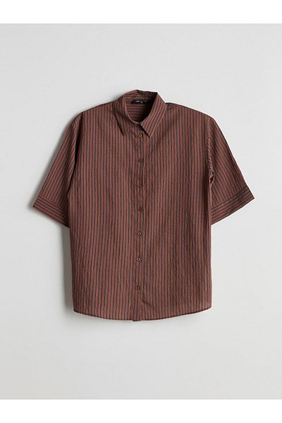 LC Waikiki Lcw Comfort Claret Red Striped Oversize Women's Shirt