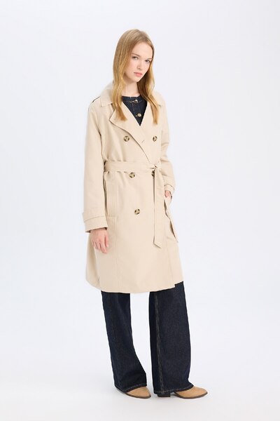 DeFacto Seasonal Water Repellent Trench Coat - Double Breasted Neckline, Button Pocket, Belt, Epaulettes A0593Ax24Au