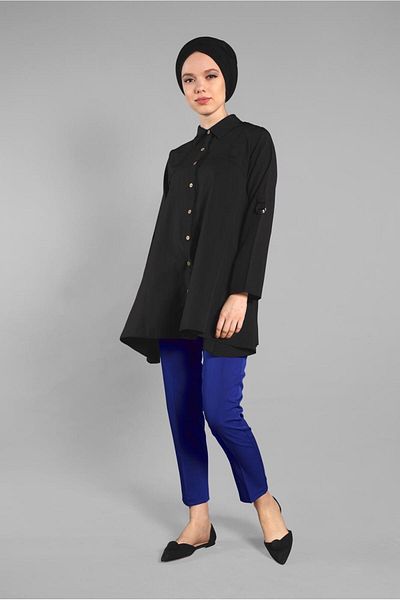 TRENDTESETTÜR Women's Black Button Detailed Cotton Tunic 1912