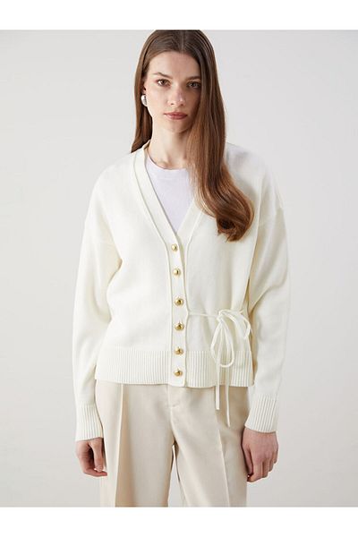 LC Waikiki Lcw Modest Ecru V-Neck Women's Knitwear Cardigan